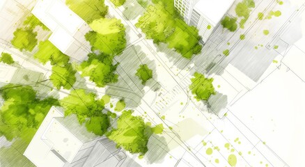 Green oasis urban park concept: hand-drawn architectural perspective