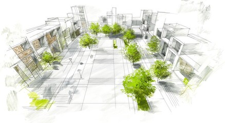 Green urban oasis: hand-drawn architectural concept of city park amidst modern buildings