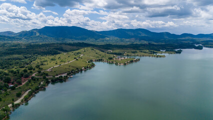 Fototapeta premium Aerial view of Bukit Batu at Lake Riam Kanan, Banjarbaru, South Kalimantan