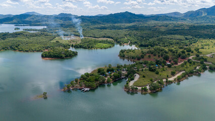 Fototapeta premium Aerial view of Bukit Batu at Lake Riam Kanan, Banjarbaru, South Kalimantan