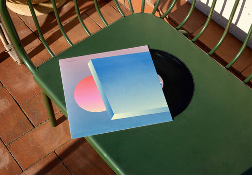 Mockup of LP album in customized sleeve on bench