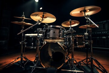 Detailed image of a complete drum kit on a concert stage, illuminated by dramatic lighting