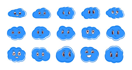 Fototapeta premium Clouds cartoon character set. Weather forecast and meteorology mascot, children vector illustration 
