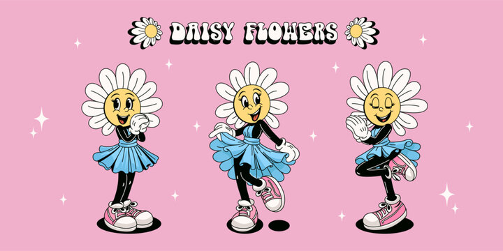 Groovy daisy flower set. Comic mascot of daisies with happy smile face, hands and feet, in different poses with a flowing skirt in the wind. Trendy summer vector illustration.