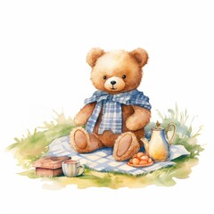 A vintage-style watercolor illustration, a charming teddy bear enjoying a lazy afternoon picnic on a classic checkered blanket, surrounded by the tranquility of a green park.