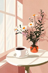 Beautiful chrysanthemum plant in flower pot and cup of coffee on wooden table indoors illustration painting.