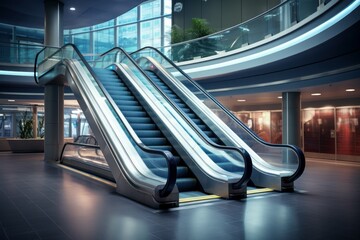 Twin escalators ascend elegantly in a sleek, corporate building interior with ambient lighting