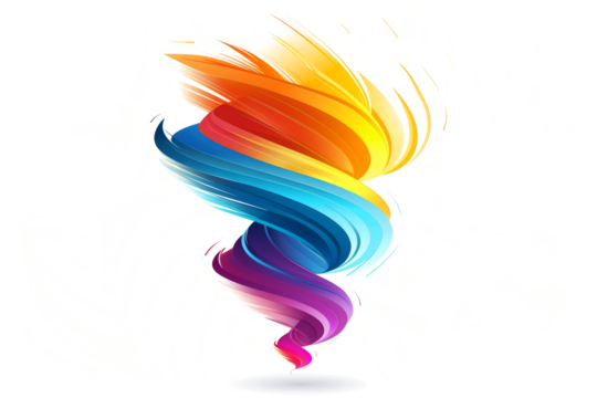 stylized tornado symbol with bold lines and vibrant colors.