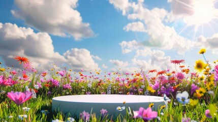 A blank white circular 3D-rendered podium stands on the grass, surrounded by a multitude of summer flowers. It's a springtime showcase, a floral exhibition for products.