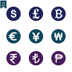 icon set of world currencies, simple design with outline and solid style, circle frame, for graphic and banking needs, editable vector eps 10.