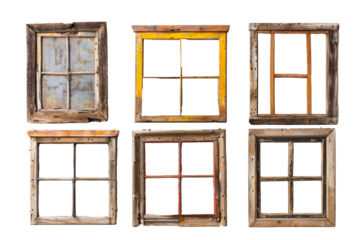 A collection of industrial-style vintage wooden window frames on a clean white background