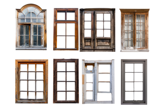 A collection of industrial-style vintage wooden window frames on a clean white background