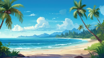 Tropical paradise photo realistic illustration - Generative AI. Blue, ocean, palm, beach, sand.