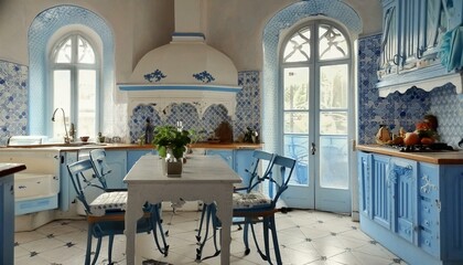 Kitchen with blue tiles and traditional Catalan architecture, Modern and artisanal kitchen, created with generative AI
