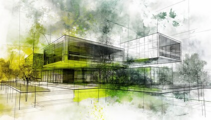 Abstract green architecture splash: eco-friendly design and blueprint concept - 20mp image
