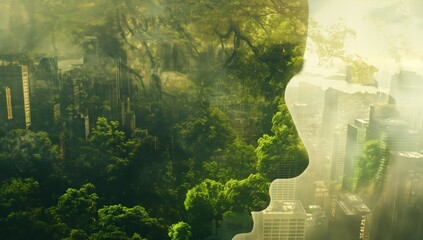 Green metropolis: nature fusion portrait � eco-conscious city art with double exposure