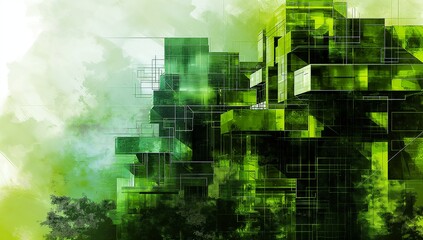 Green architectural vision: sustainable design meets digital artistry in a harmony with nature - cad-inspired double exposure ink illustration