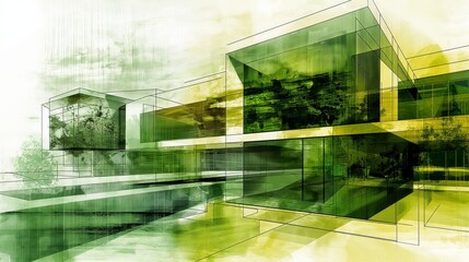 Sustainable architecture harmony: green project blueprint and nature-inspired digital art