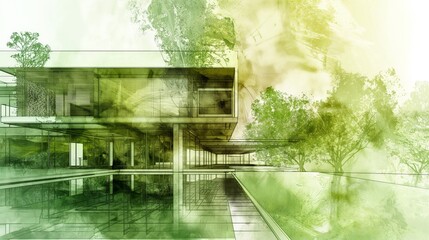 Sustainable architecture concept: double exposure digital illustration with green theme and elements