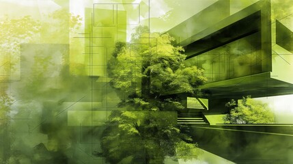 Sustainable architecture concept: double exposure digital illustration with green design and nature-inspired color splash