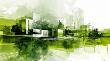 Green blueprint harmony: sustainable design double exposure illustration