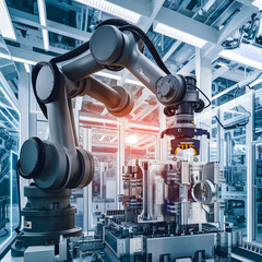 Create a vivid depiction of a cutting-edge industrial environment, featuring a state-of-the-art robotic arm system operating within a smart factory setting, emblematic of the revolutionary principles 