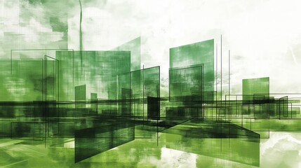 Green urban blueprint: sustainable city design concept - a cad-inspired, double exposure digital illustration with color splash elements