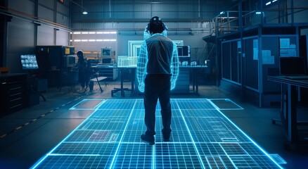 Industry 4.0: Man interacting with holographic ar interface on factory floor