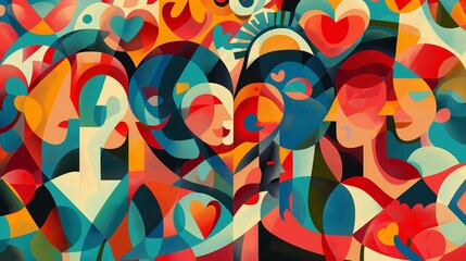 United hearts in neo-cubist style: vintage poster illustration celebrating community and joy