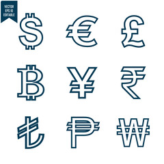 icon set of world currencies, simple design with outline and solid style, circle frame, for graphic and banking needs, editable vector eps 10.