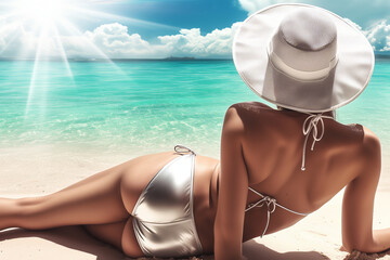 Fototapeta premium Beautiful Young Woman Relaxing on a Sunny Beach in Silver Bikini and Wide-brimmed Hat: A Perfect Summer Getaway Portrait 