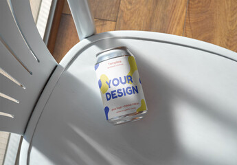 Mockup of customizable 12 oz drinks can on chair
