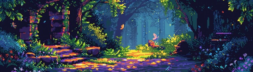 A pixel art image of a forest with a path leading through it