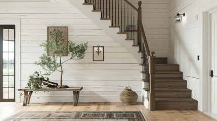 Modern farmhouse interior with a staircase framed by shiplap walls, a vintage wood banister, and...