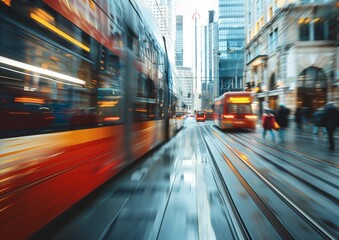 Dynamic Urban Cityscape with Blurred Moving Trams and Busy Pedestrians.