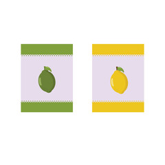 illustration of a set of fruits, citrus, Swedish style labels, isolated