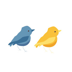 Blue and yellow birds on a branch, isolated, on a white background