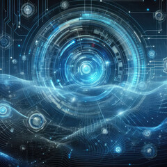 Obraz premium Abstract blue tech background with digital waves, dynamic network system, artificial neural connections, cyber quantum computing and electronic global, with Generative AI Techonology.
