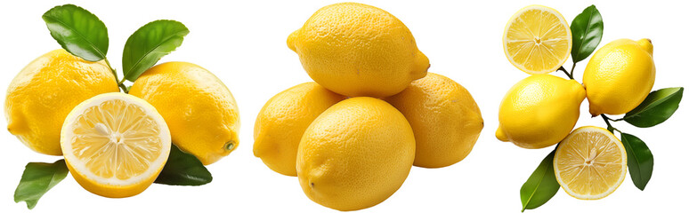 Yellow lemon set, whole and half, closeup front view and top down view, isolated on a white background