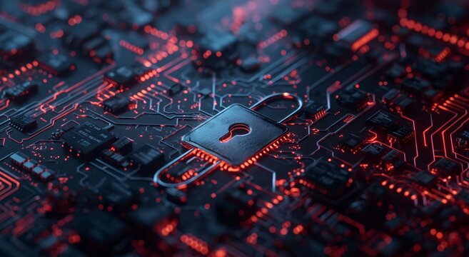 Ultra-realistic cybersecurity concept: padlock on circuit board - high detail data protection imagery