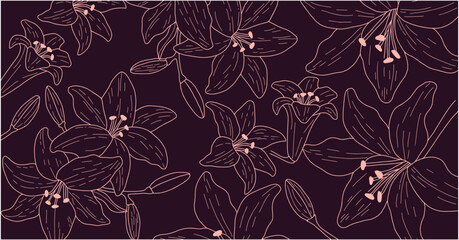 Set of vector background with hand draw pink gold solhouettes of lotus flower and leaves.