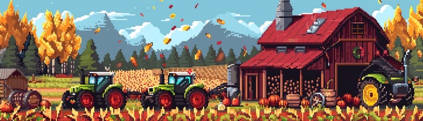 A beautiful pixel art image of a farm in the fall. The leaves are falling from the trees, and the tractors are harvesting the crops. The barn is full of hay and pumpkins.