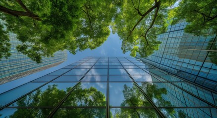 Sustainable future: eco-friendly glass office towers with sky and greenery reflected