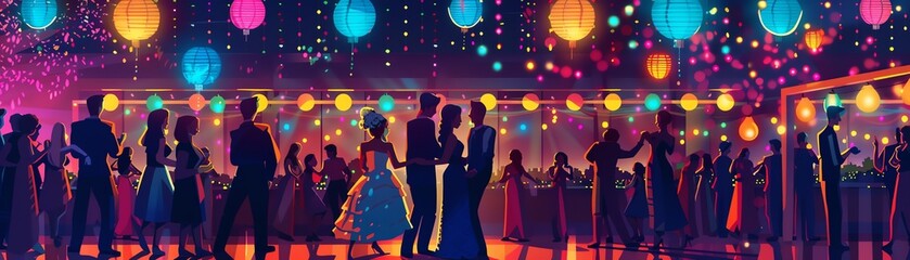 A group of people are dancing in a brightly lit room
