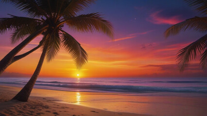 Beautiful sunset on tropical beach vector illustration