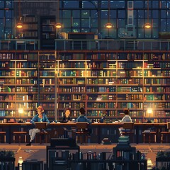 A pixel art image of a library at night. The library is full of bookshelves and there are people studying at desks. The atmosphere is peaceful and quiet.