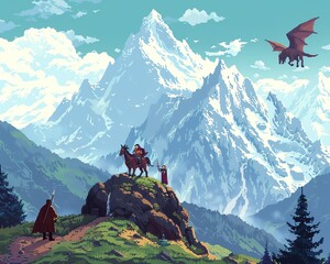 Create a pixel art image of a party of adventurers on a mountaintop