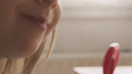 cute small child, blonde girl 5 years old enjoys sweets, close-up face, lollipop in hand, happy childhood, balanced diet, sweet life, unhealthy food, halal food, sugary treat, Child Nutrition