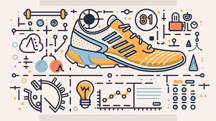 A dynamic UHD image showcasing digital marketing health icons in a line style, featuring a stylized running shoe, a sleek progress chart, and a refined nutritionist icon. 