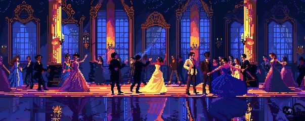 A pixelated ballroom scene with people dancing. The room is lit by chandeliers and there is a balcony with people watching the dancers.